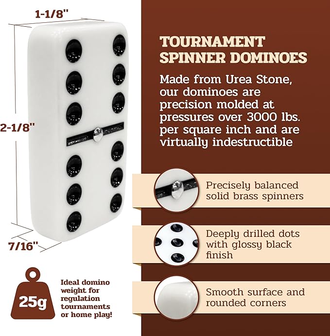 Alex Cramer Le Club Luxury Domino Set with USA-Made Handcrafted Walnut Case and Cribbage Top - 28 Tournament Quality Indestructible Spinner Dominoes. Gold & Nickel pegs