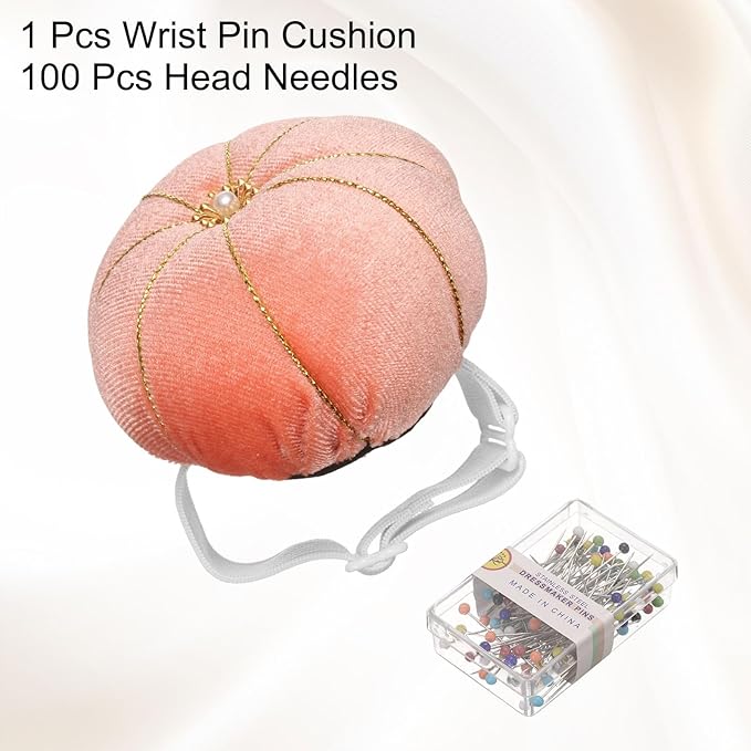 HARFINGTON Wrist Pin Cushion Wristband Sewing Pincushion Polyester Pin Holder Wearable Pumpkin Shaped Needles Wristband with 100 Head Needles for Sewing Quilting DIY Crafts, Orange