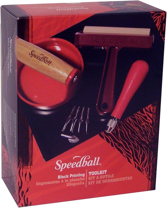 Speedball Block Printing Tool Set (4-Piece) - Includes Linocut Carving Tool, Roller Brayer, Printmaking Baren, and Bench Hook - Made in USA
