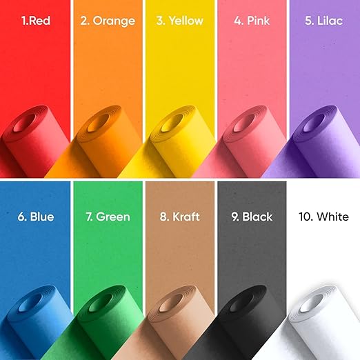 18" x 1200" (100 ft) Pack of 10 Rolls USA-Made Multi-Color Kraft Paper Rolls, 45 lbs/66 GSM – Colored Kraft Paper for Packing, Crafts, DIY Projects, Gift Wrapping – Non-Toxic, Safe for Kids