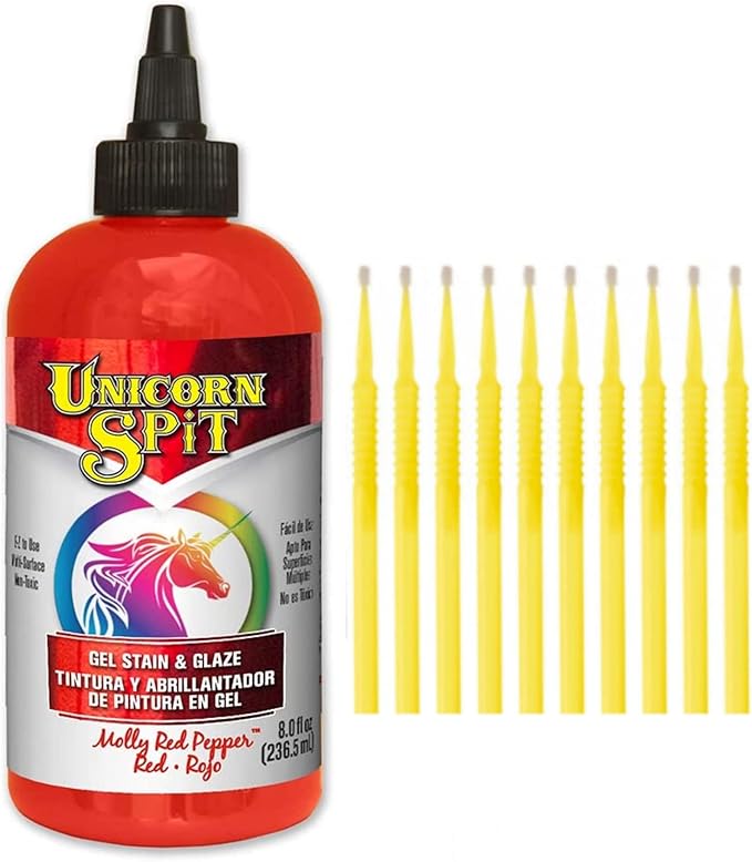 Unicorn SPiT Gel Stain and Glaze in One - Molly Red Pepper 8 oz. Bottle Detail Sticks