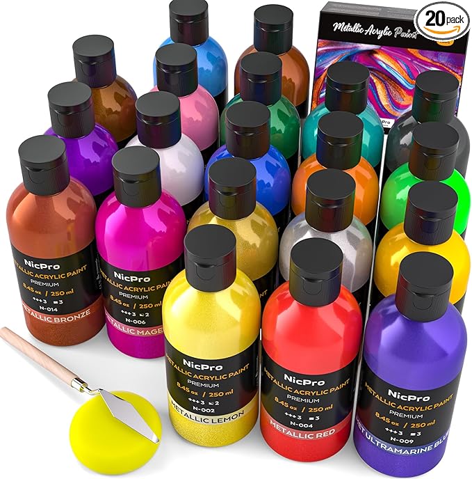 Nicpro Metallic Acrylic Paint Set (8.45 oz, 250 ml), 20 Colors Large Acrylic Paint Bulk, Non Toxic Art Painting Supplies for Multi Surface Canvas Rock Wood Leather Stone Metal Craft with Color Wheel