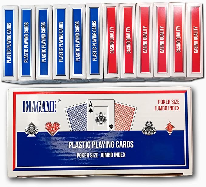 Plastic Playing Cards, Poker Size, Excellent Quality, Jumbo Index, Waterproof & Washable, Perfect for Texas Hold’em Poker, 6 Blue Deck & 6 Red Deck