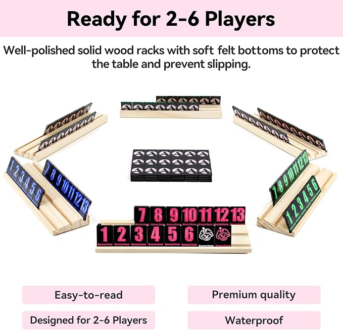 Rummy Cube 6 Player Edition with 6 Wooden Racks 160 Acrylic Tiles (1.5'') Rummy Game with Bag 6 Player Travel Size Rummy Game Large Number Rummy Tiles Game Set for Family Classic Board Games (Black)