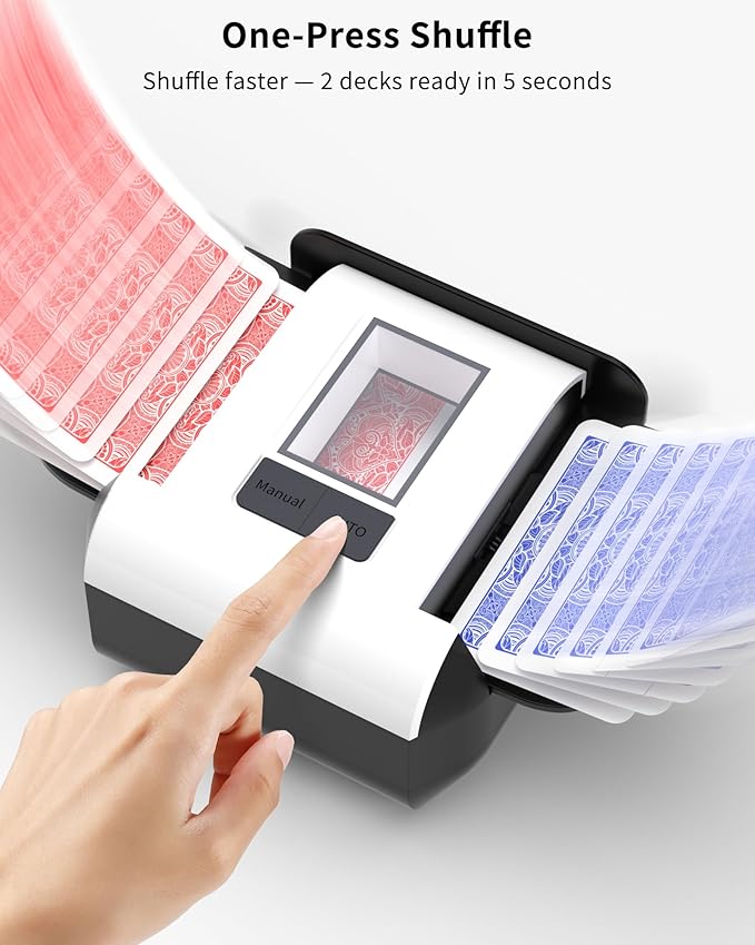 Automatic Card Shuffler Machine for 1–2 Decks, USB-C Rechargeable, Heavy Duty, Low Noise, Portable – Works with UNO, Phase 10, Skip-Bo, Blackjack, Standard Playing Cards & More