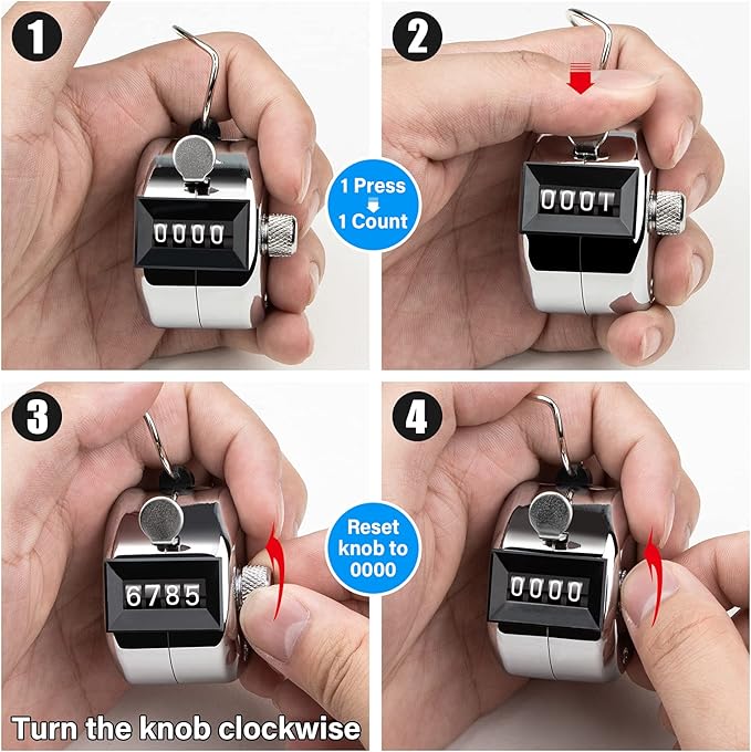 Tally Counter, 4-Digit Clicker Counter, Metal Hand Tally Counters Clicker Pitch Counter for Counting, Knitting, Coaching, Golf, Lap, Fishing