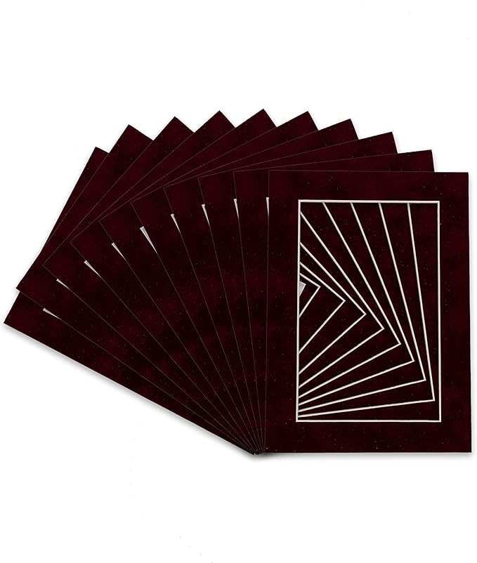 Pack of 25 Acid Free 8.5x11 Mats Bevel Cut for 7x9 Photos - Dark Red Suede Precut Matboards With Backing Boards and Clear Photo Mat Bags For Pictures, Photos, Framing - 4-ply Thickness