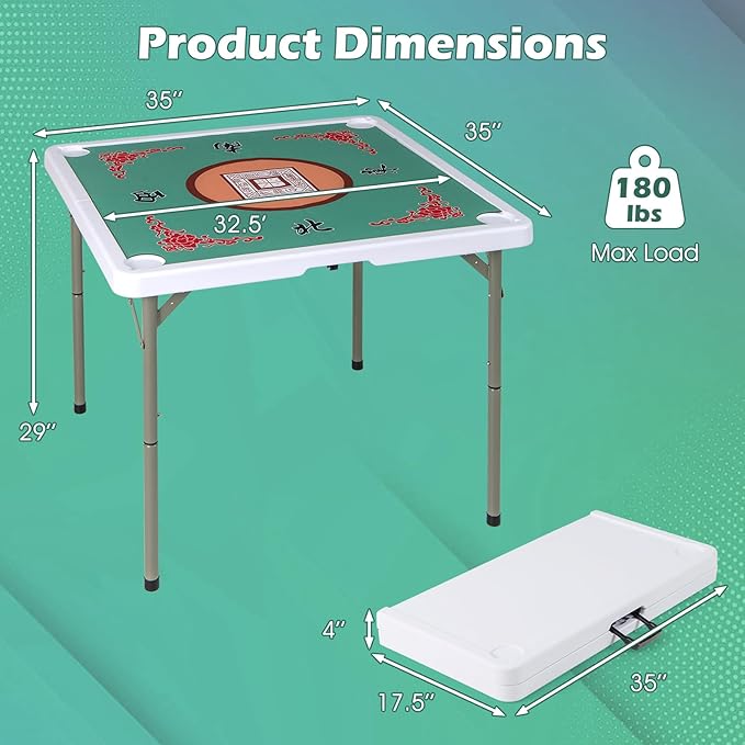 Giantex Folding Mahjong Table, 35" Square Card Table with Cup Holders, Removable Noise Reduction Mat, HDPE Tabletop, 4-Player Portable Domino Tables for Poker Blackjack Board Game (Green)