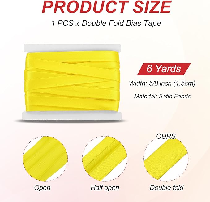 MECCANIXITY Double Fold Bias Tape for Sewing 5/8 Inch x 6 Yards Satin Pre-fold Continuous Binding Tape for Seaming Quilting Hemming Binding DIY Crafts, Yellow