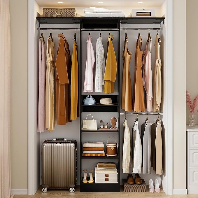48" Small Closet Organizer, 4FT Small Closet System with 4 Closet Rods & 3 Shelves, 80"H Small Closet Organizers and Storage for Small Bedooms, Cloakrooms, Laundry Rooms, Black