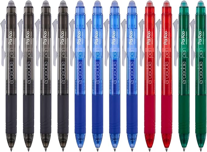 ParKoo Retractable Erasable Gel Pens Clicker Fine Point 0.7 mm, No Need for White Out, 4 Assorted Color Inks for Completing Sudoku and Crossword Puzzles, 12-pack