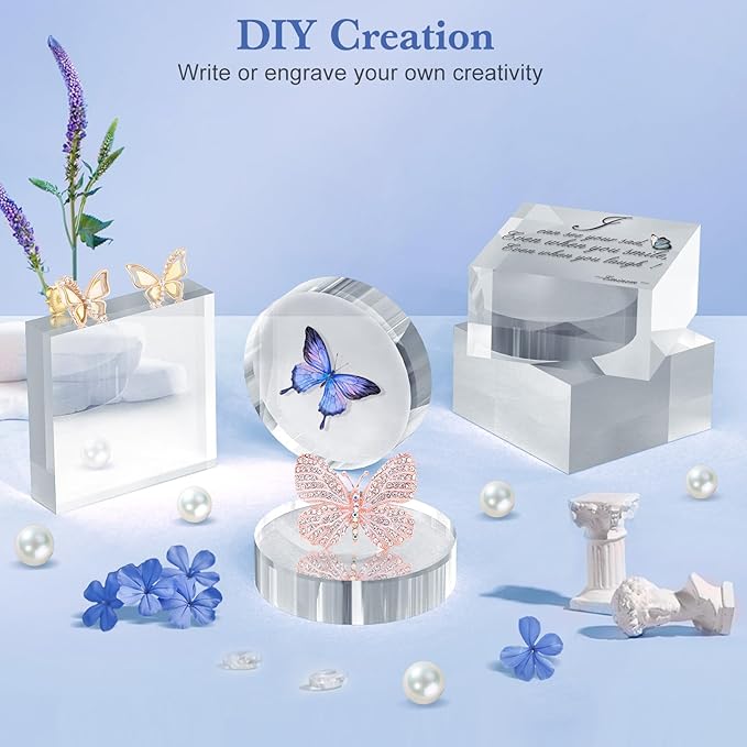 Acrylic Blocks 3 X 3 X 1 Inch 8 Pcs Acrylic Base Stand for Display Clear Block Square Riser Display Stands Pedestal Polished Cube for Jewelry trophy Props Collection Ring
