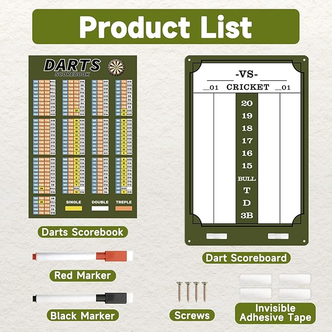 Darts Scoreboard - Dry Erase Dart Scoreboard for 301, 501 and Cricket Games - Come with Darts Scorebook & 2 Pens