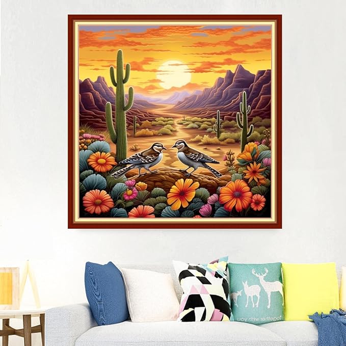 Foxdiviy Stamped Cross Stitch Kits Full Range of Embroidery Needlework Starter Kits for Beginners Adults 11CT Embroidery Patterns Art Crafts DIY Needlepoint Kits-Sunrise Bird 18x18 inch