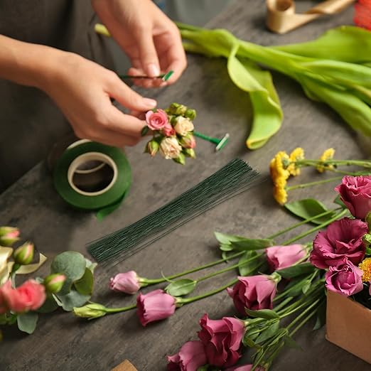 PATIKIL 22 Gauge 16" Floral Stem Wire, 100 Pcs Paper Wrapped Iron Artificial Flower Stem Accessories for DIY Bouquet Stem and Craft Decoration, Dark Green
