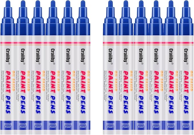 Blue Paint Markers, 12 Pack Oil-Based Waterproof Quick Dry Permanent Paint Pen Set for Rocks Painting, Wood, Fabric, Plastic, Canvas, Glass, Mugs, Metal, Tire, Stone, DIY Craft