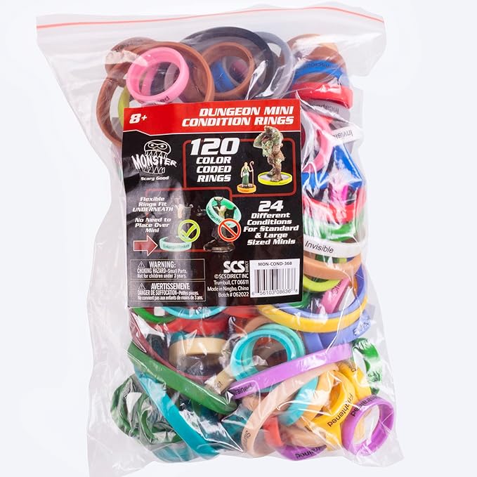 Flexible Condition Rings Status Effect Markers (120 Rings for Standard & Large)- 24 Different Conditions DND Flexible Design- Easy Affix Base Slides Under Figure- Compatible w Pathfinder & RPG Games