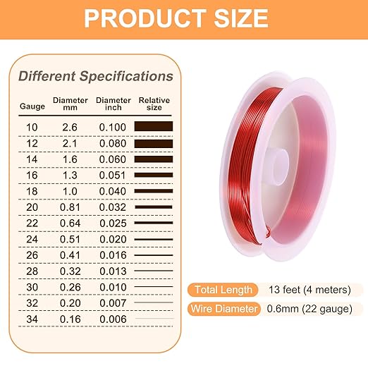 HARFINGTON 13ft Jewelry Wire, 22 Gauge (0.6mm) Brass Craft Soft Metal Tarnish Resistant Copper Beading Wire for Jewelry Making Supplies Crafting, Bright Red