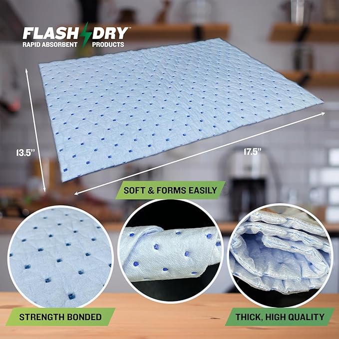 FlashDry Water Absorbent Pads 50 per Box, 17.5"x13.5" - Reusable and Hand Wringable Pads - Ideal for Water Leaks, Spills, Storm Damage Cleanup - Perfect for Basements, Garages, and Under-Sink Cabinets