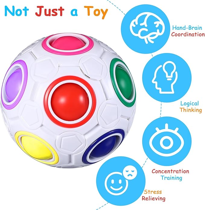 12 Pack Rainbow Puzzle Magic Ball With 2 Pcs Pouches - Fidget Toy for Boys and Girls, Speed Cube, Funny Stress Reliever for Kids, Teens and Adults (White)