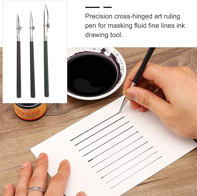 Gatuida 3pcs Adjustable Straight Line Pen, Art Ruling Pen for Masking Fluid, Fine Lines Drawing Tool, Black (Size L, M, S, 1pc Each)