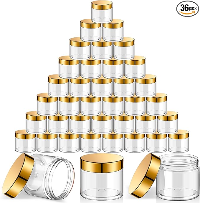 SATINIOR 36 Pieces 1 oz Plastic Jars with Lids Wide Mouth Airtight Reusable Container Acrylic Cosmetic Small Jars for Lotions Ointments Travel Toiletries Creams Make up Storage(Gold)
