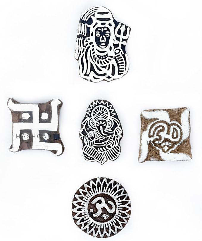 Wooden Pottery Stamps for Block Printing - Handcarved Indian Textile Printing Blocks Set of 5, Clay Pottery Stamps for Crafting on Fabric Card Henna Stamps Hashcart®