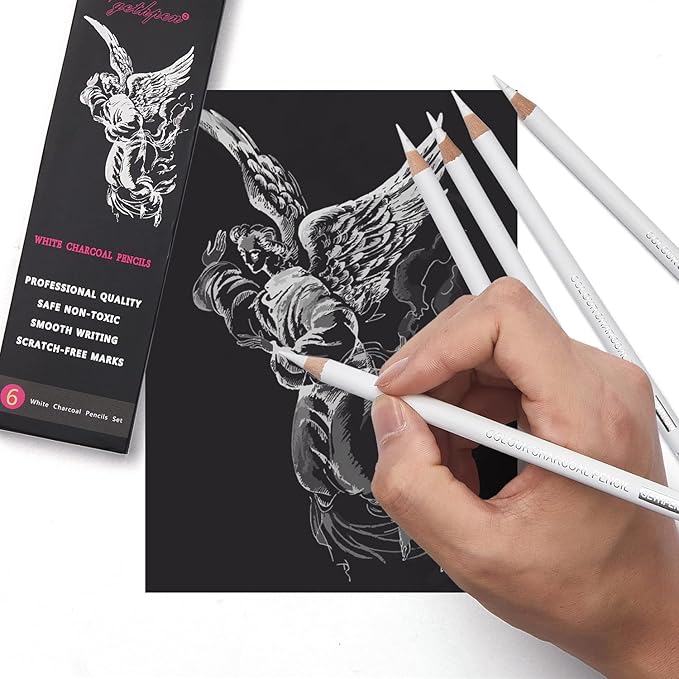 Professional White Charcoal Pencils Set - 6 Pieces Sketch Highlight White Pencils for Drawing, Sketching, Shading, Blending - Beginners & Artists
