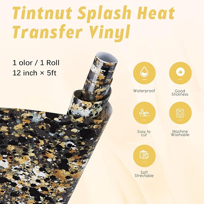 Tintnut Splash Heat Transfer Vinyl Roll - 12 Inch x 5ft Black Gold Watercolor Ink Patterned HTV Splatter Iron On Vinyl DIY T-Shirts Hats Clothes Canvas Bags