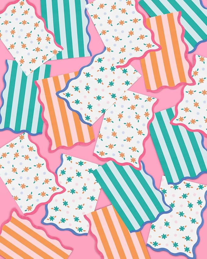 xo, Fetti Italian Summer Wavy Floral Stripe Napkins - 3-ply, 24 pcs | Bachelorette Party Decorations, Last Toast Coast, Birthday Party Supplies, Flower Baby Shower, Stripe Wavy Cocktail Decor