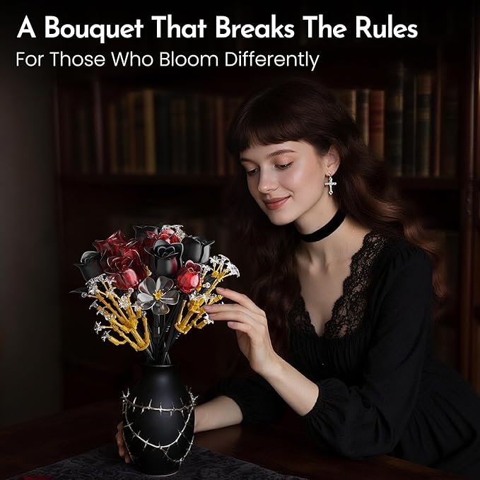 Rose Flower Bouquet Building Set for Adults, Halloween for Women Teen Girlfriend, Artificial Floral Botanicals Collection Gothic Decor for Home or Office (414 PCS)