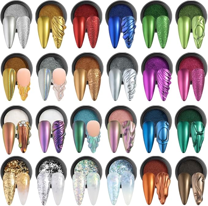 24 Jars Chrome Nail Powder Metallic Mirror Effect Pigment Iridescent Aurora Mermaid Pearl Glitter Dust, Gold Silver Nail Foil Fluorescent Flakes Kit for Resin Craft & Nail Art Decoration