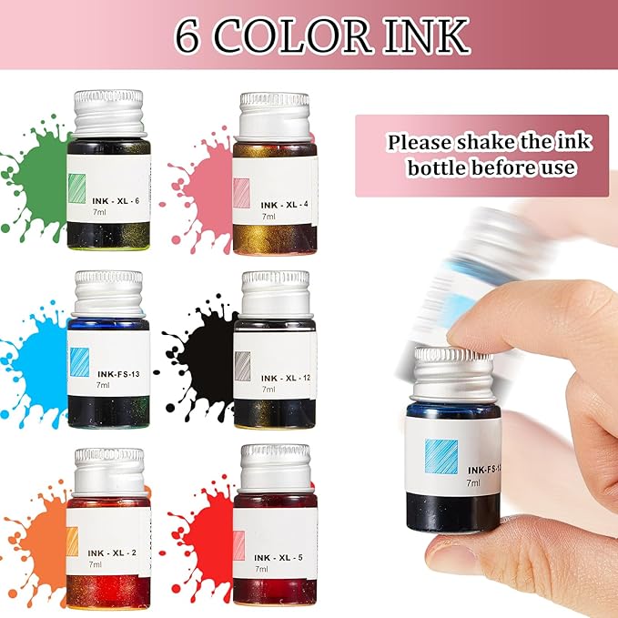 Zonon Glass Dipped Pen Ink Set 14 Pcs Include 6 Pcs Glass Dip Pen, 6 Colorful India Ink and 2 Holder Crystal Signature Calligraphy for Art, Writing, Signatures, Gift (Purple Pink Color System)