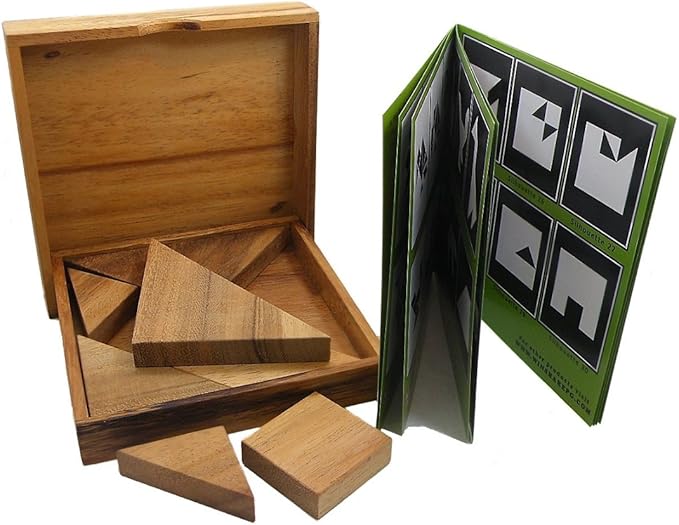 Tangram Wooden Puzzle Geometry Game, with 48 Silhouette Tangrams Challenge Booklet