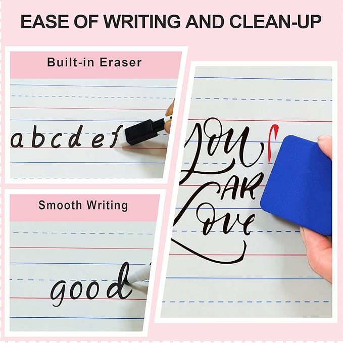 Set of 24 Dry Erase Boards, Double Sided Small Whiteboards with Lines for Kids, Students, Teacher & Classroom Pack, 9"x12" Mini Individual White Boards Lined for Writing with 24 Makers, 24 Erasers