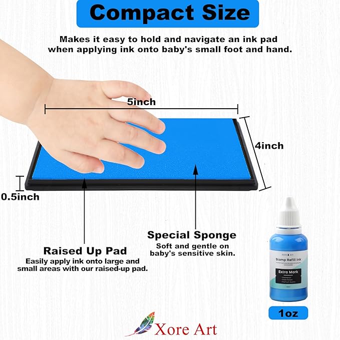 5"x4'' Large Ink Pad Washable Stamp Ink Pad for Baby Footprint Handprint with 30ml Premium Refill Ink (Sky Blue)