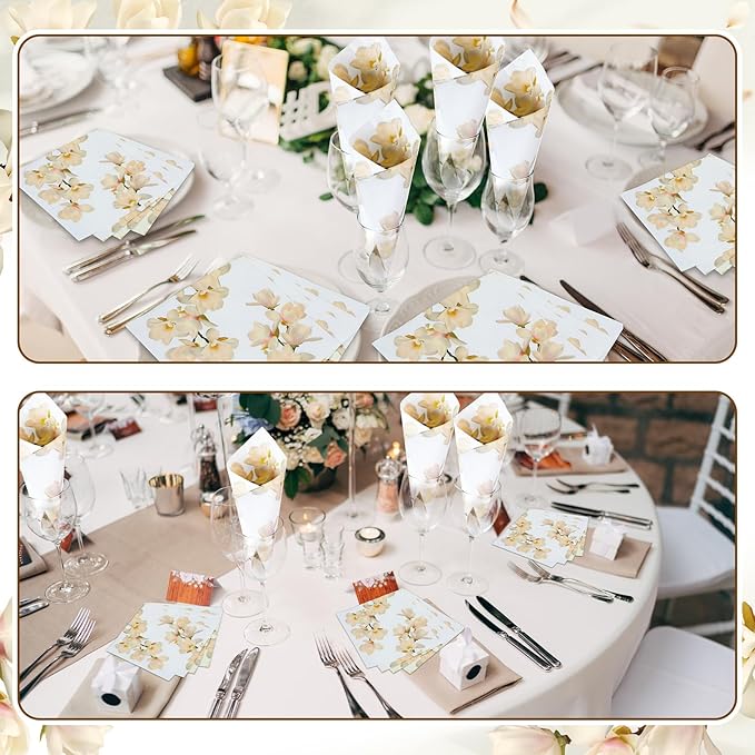 60 Pcs White Magnolia Floral Cocktail Paper Napkins 6.5 x 6.5 Inches Disposable Paper Napkins Dessert Beverage Tissue for Decoupage Luncheon Tissue for Theme Party Wedding Birthday Party