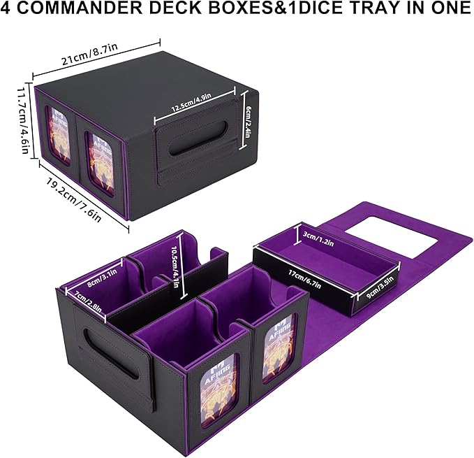 AFIING Commander Deck Box for MTG/EDH, Fits 400+ Double-Sleeved Cards, with Display Window, 4 Removable Deck Cases, Dividers, Dice Tray & Handle, Card Holders for TCG (Black Purple)