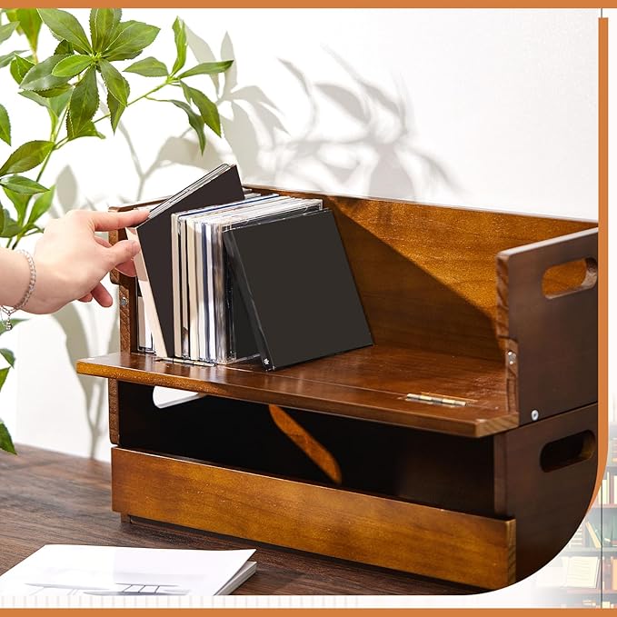 4 Set Wooden CD Storage Box Holder Shelf Cassette Tape Display Racks with Carrying Handles, Organizer Shelf for Movie Cases, DVDs, Each Set Can Store up to 36 Pcs CDs (Brown)