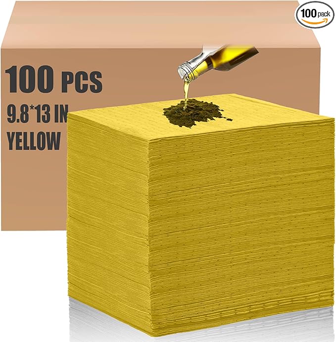 Hoolerry 100 Pcs Oil Absorbent Pads Weight Dimpled Pad Garage Accessories Water Absorbent Mat Oil Spill Mat for Absorbing Protecting Home Garage Basement (9.8 x 13 Inch,Yellow)