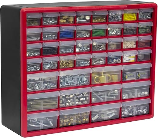 Akro-Mils 44-Drawer Plastic Drawer Storage Cabinet for Garage Organization, Bead Organizer, Building Bricks Storage, Teacher Toolbox, Makeup Organizer, 20" W x 6" D x 16" H, 10144 Red