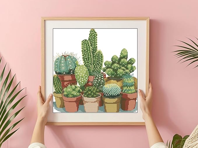 Maydiyer 11CT Stamped Cross Stitch Kits Pre-Printed Embroidery Kit, DMC Threads Needlework Sets-Cactuses 16.9×17.7 inch
