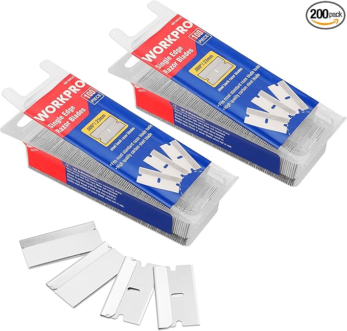 WORKPRO 200-Pack Single Razor Edge Blades, Industrial Scraper Razor Blades, High Carbon Steel One Edge Razor Blades