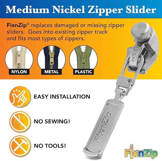 FixnZip (Medium, Nickel) - See Size Guide - Universal Zipper Repair Kit for Jackets, Luggage, Bags - Backpack Zipper Replacement Repair Kit - Instant Zipper Fix