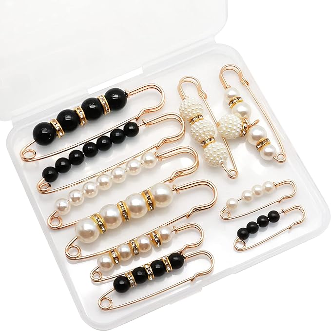 Safety Pins Assorted, Bulk Large Safety Pins with Pearls for Clothes(Pearl Brooch 10 PCS)
