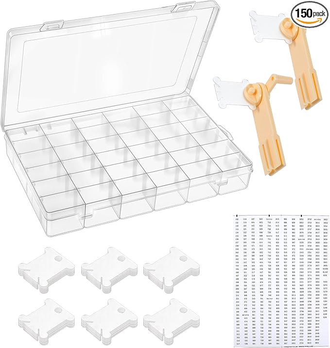 Prasacco Embroidery Floss Organizer 150 Bobbins 36 Compartment Storage Box with Bobbin Winder and Coding Stickers for Craft DIY Embroidery Cross Stitch Supplies