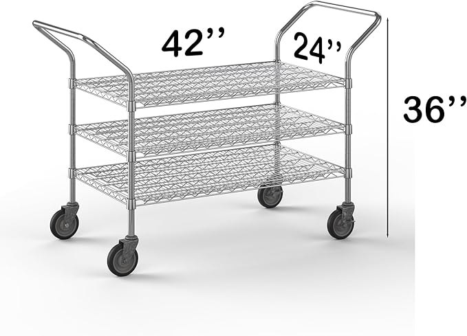 24" W x 42" L x 36" H Chrome Heavy Duty Utility Cart | 3-Tier | NSF Commercial Storage Rack Mobile Unit | Storage and Mobility Solution for Your Business