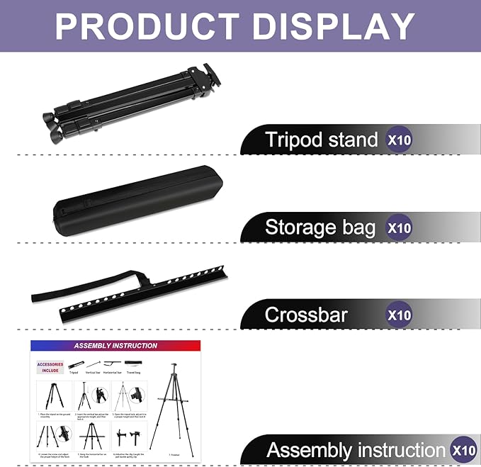 AROIC10 Pack Painting Display Easel Stand Portable Adjustable Metal Tripod Artist Canvases Height from20to66Inch Extra Sturdy forTable-Top/Floor Painting, Drawingand Displaying,Black with10StorageBag