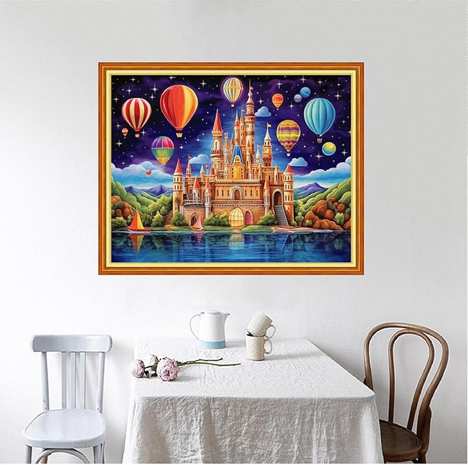 Foxhool Beginners Cross Stitch Kits Stamped Full Range of Embroidery Kits for Adults DIY Cross Stitches kit Embroidery Patterns for Needlepoint kit-Hot air Balloon Castle 16x20 inch