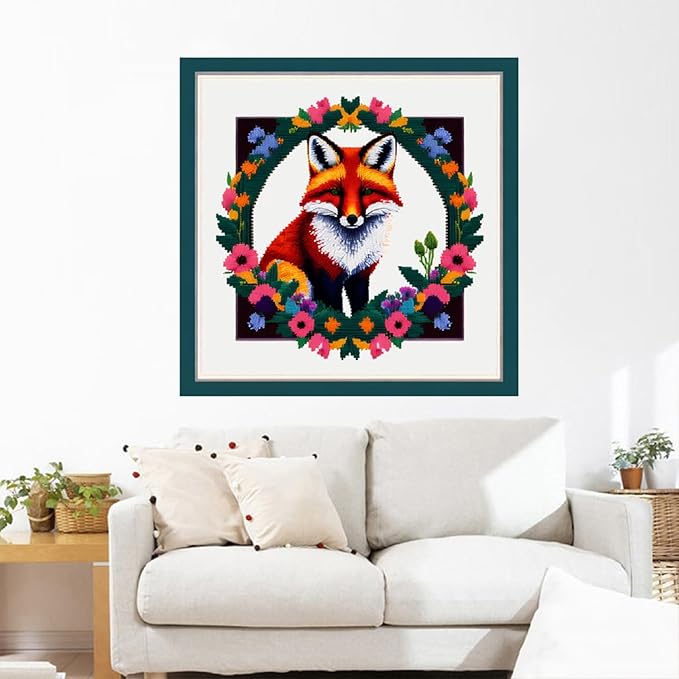 Joyhoor Cross Stitch Kits for Beginners Stamped Cross-Stitch Supplies Needlework preprint Embroidery Kits for Adults DIY Needlepoint Kits Embroidery Patterns 11CT-Wreath Fox 17.7x17.7 inch